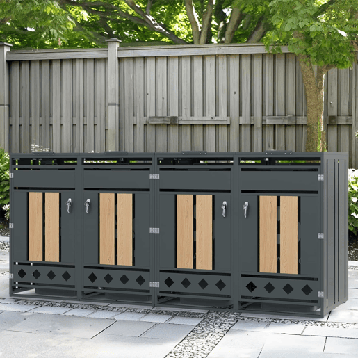 Caixa para lixo com tampa articulada - Compartimentos de armazenamento para lixo, Fecho, Quatro portas, Painel da porta com veios de madeira verticais, Base oca em forma de losango - Cinza, Madeira