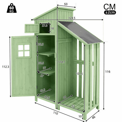 Casinha de jardim 124x46x174 cm - Adequada para jardins pequenos - Verde