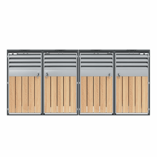 Contentor do lixo 132x80x118 cm - com tampa basculante, ventilação com ripas, compartimentos para lixo, com fechadura, quatro portas - Cinza, Madeira