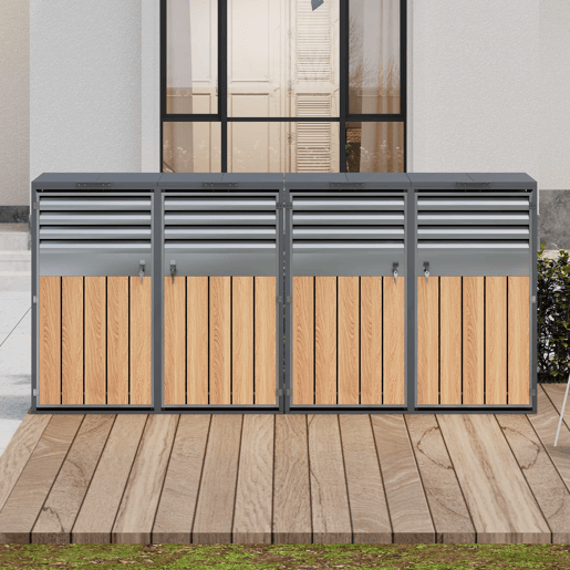 Contentor do lixo 132x80x118 cm - com tampa basculante, ventilação com ripas, compartimentos para lixo, com fechadura, quatro portas - Cinza, Madeira