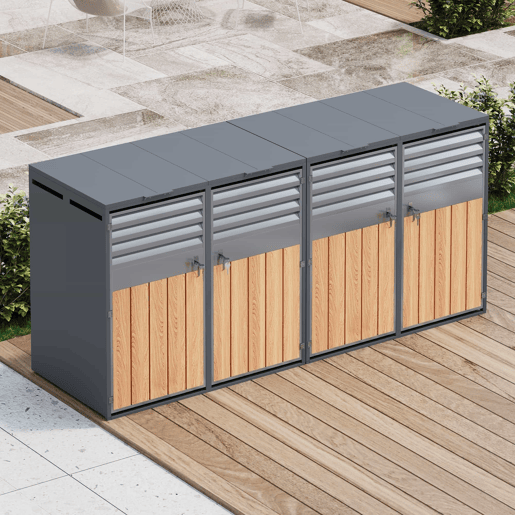 Contentor do lixo 132x80x118 cm - com tampa basculante, ventilação com ripas, compartimentos para lixo, com fechadura, quatro portas - Cinza, Madeira