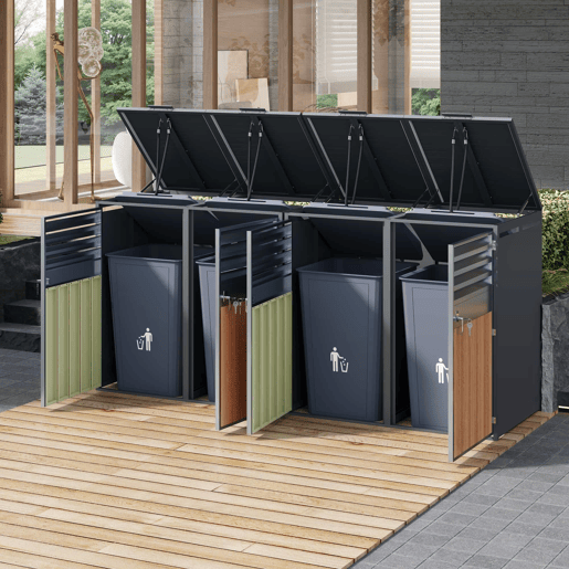 Contentor do lixo 132x80x118 cm - com tampa basculante, ventilação com ripas, compartimentos para lixo, com fechadura, quatro portas - Cinza, Madeira