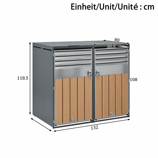 Contentor do lixo 132x80x118 cm - com tampa basculante, ventilação com ripas, compartimentos para lixo, com fechadura, quatro portas - Cinza, Madeira