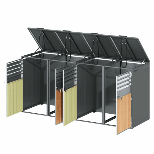 Contentor do lixo 132x80x118 cm - com tampa basculante, ventilação com ripas, compartimentos para lixo, com fechadura, quatro portas - Cinza, Madeira