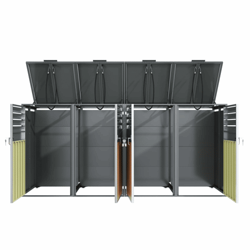 Contentor do lixo 132x80x118 cm - com tampa basculante, ventilação com ripas, compartimentos para lixo, com fechadura, quatro portas - Cinza, Madeira