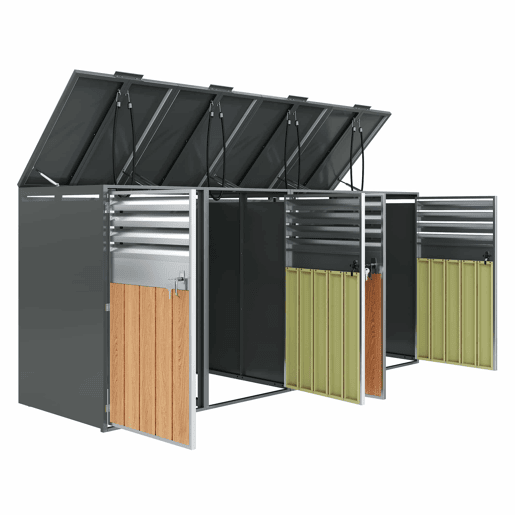 Contentor do lixo 132x80x118 cm - com tampa basculante, ventilação com ripas, compartimentos para lixo, com fechadura, quatro portas - Cinza, Madeira