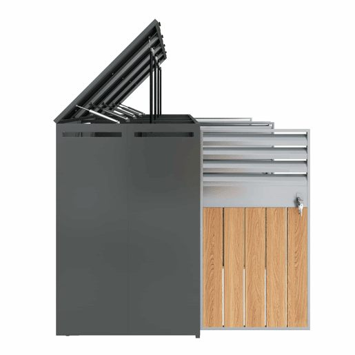 Contentor do lixo 132x80x118 cm - com tampa basculante, ventilação com ripas, compartimentos para lixo, com fechadura, quatro portas - Cinza, Madeira