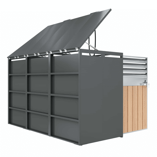 Contentor do lixo 132x80x118 cm - com tampa basculante, ventilação com ripas, compartimentos para lixo, com fechadura, quatro portas - Cinza, Madeira