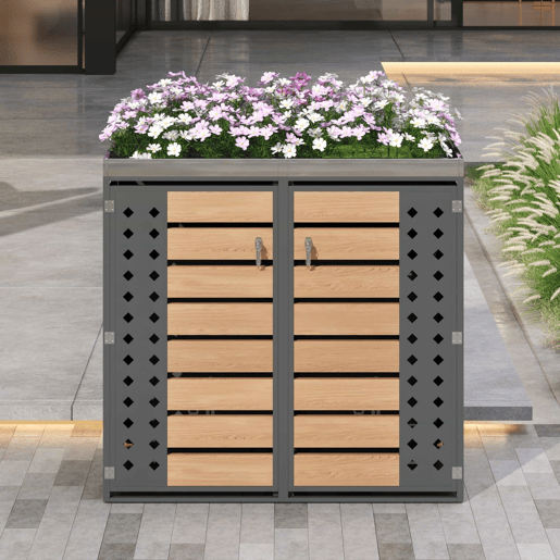 Caixa para lixo - Painéis de madeira horizontais - Compartimentos para armazenamento de lixo - Fecho - Duas portas - Área para plantas - Painel da porta com padrão diamante - Cinza, Madeira