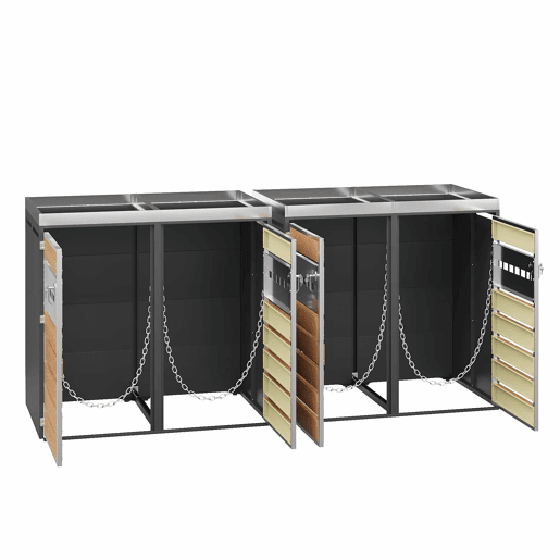 Caixa de lixo com ventilação - 4 portas, compartimentos de armazenamento, com fechadura, área para plantas - Cinza, Madeira