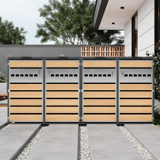 Caixa para lixo com tampa articulada - Compartimentos de armazenamento, com fechadura, quatro portas, blocos horizontais com veios de madeira - Cinza, Madeira