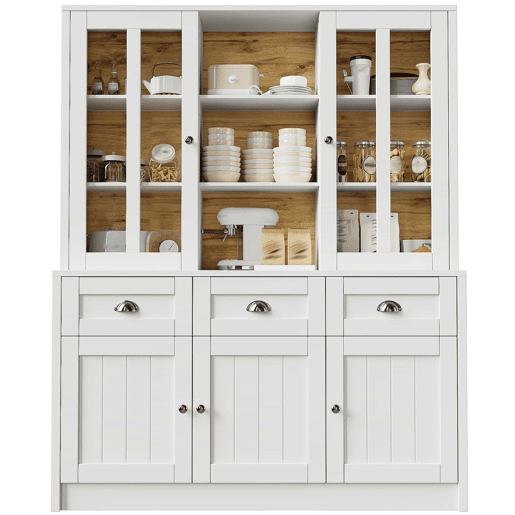 Armário alto 140x38,5x175 cm - Vitrine, armário de cozinha e sala de jantar com gavetas, estilo moderno minimalista - Branco