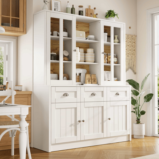 Armário alto 140x38,5x175 cm - Vitrine, armário de cozinha e sala de jantar com gavetas, estilo moderno minimalista - Branco