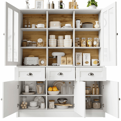 Armário alto 140x38,5x175 cm - Vitrine, armário de cozinha e sala de jantar com gavetas, estilo moderno minimalista - Branco