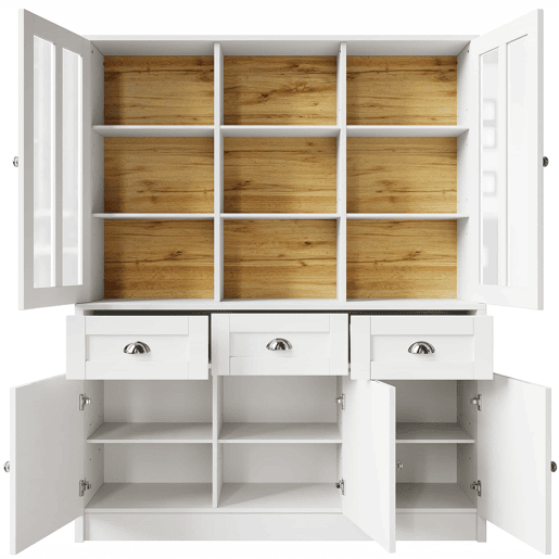 Armário alto 140x38,5x175 cm - Vitrine, armário de cozinha e sala de jantar com gavetas, estilo moderno minimalista - Branco