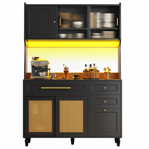 Armário de cozinha - Com 3 gavetas - Com prateleiras ajustáveis e LED - Rattan PE - Preto
