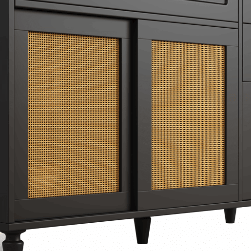Armário de cozinha - Com 3 gavetas - Com prateleiras ajustáveis e LED - Rattan PE - Preto
