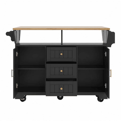 Ilha de cozinha 120x40(80)x95 cm - Carrinho com rodas, extensível, com suporte para toalhas e prateleira para especiarias, 2 portas, 3 gavetas - Preto