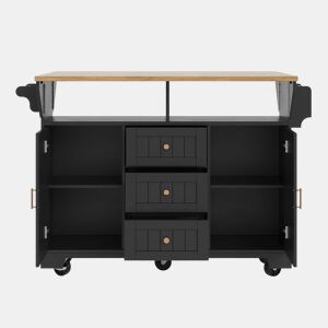 Ilha de cozinha 120x40(80)x95 cm - Carrinho com rodas, extensível, com suporte para toalhas e prateleira para especiarias, 2 portas, 3 gavetas - Preto