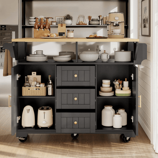 Ilha de cozinha 120x40(80)x95 cm - Carrinho com rodas, extensível, com suporte para toalhas e prateleira para especiarias, 2 portas, 3 gavetas - Preto