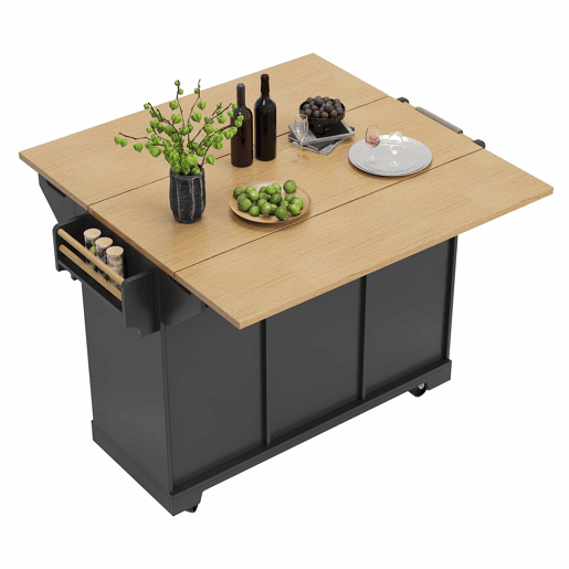 Ilha de cozinha 120x40(80)x95 cm - Carrinho com rodas, extensível, com suporte para toalhas e prateleira para especiarias, 2 portas, 3 gavetas - Preto