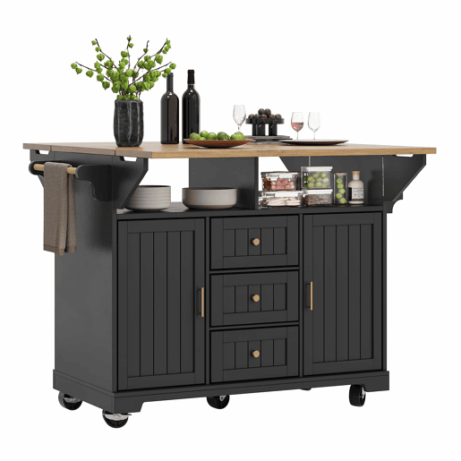 Ilha de cozinha 120x40(80)x95 cm - Carrinho com rodas, extensível, com suporte para toalhas e prateleira para especiarias, 2 portas, 3 gavetas - Preto