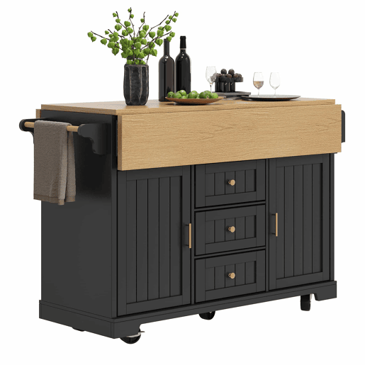 Ilha de cozinha 120x40(80)x95 cm - Carrinho com rodas, extensível, com suporte para toalhas e prateleira para especiarias, 2 portas, 3 gavetas - Preto
