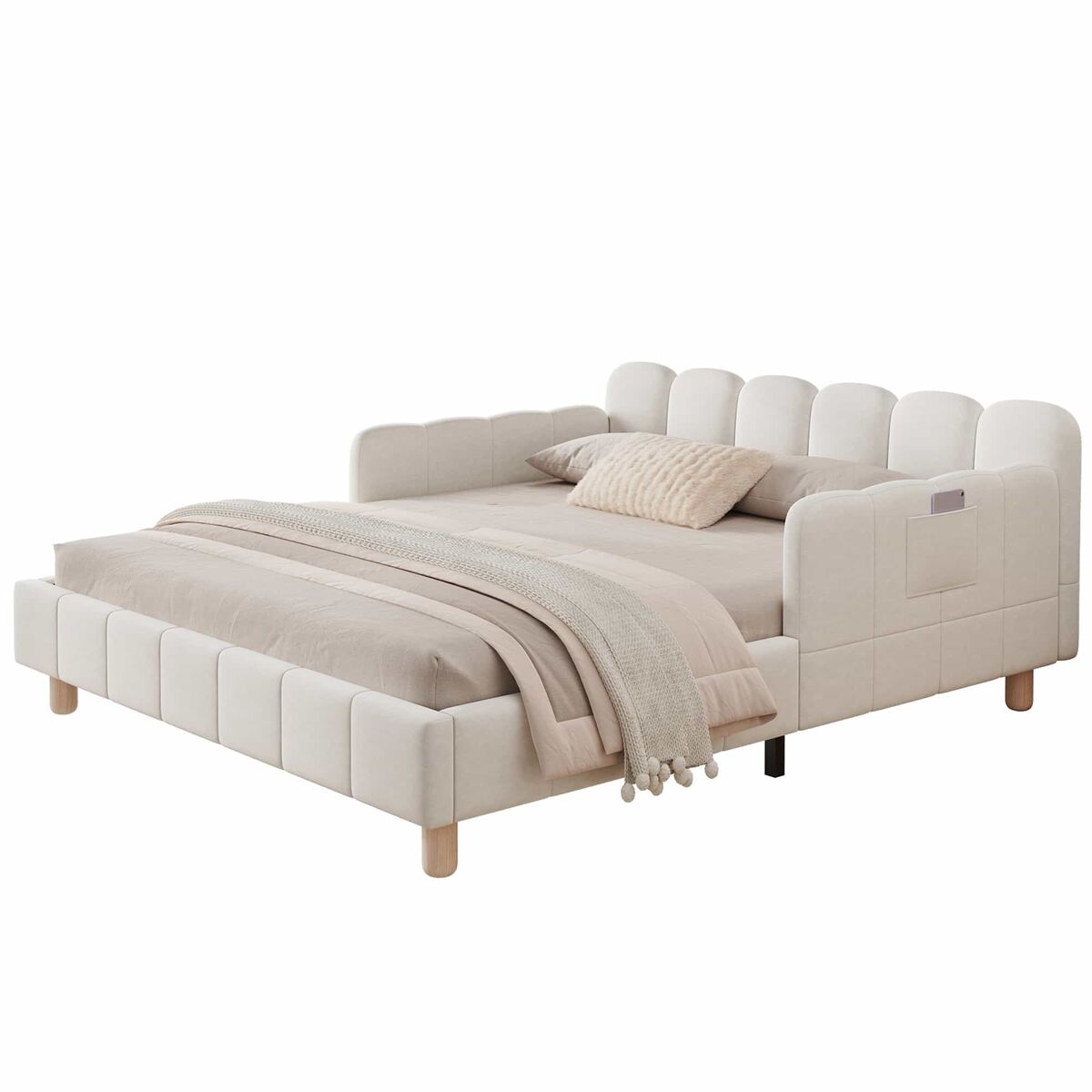 Cama infantil 140 x 190 cm - cabecero capitoné, barrera de seguridad, patas de madera maciza, terciopelo - beige