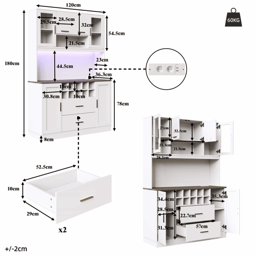 Armário lateral 120x36,3x180 cm - com iluminação LED, tomada, 6 portas, 2 gavetas grandes - branco