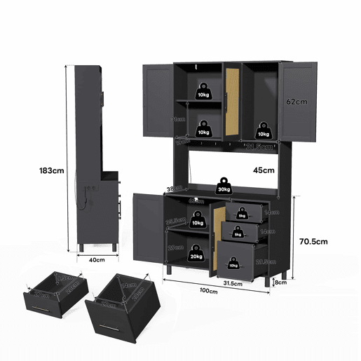 Buffet 183 cm - Com luzes LED controladas por aplicação, 2 USB, 2 tomadas, prateleiras ajustáveis, 3 gavetas, puxadores metálicos dourados - Preto