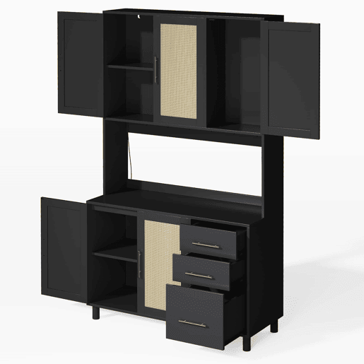 Buffet 183 cm - Com luzes LED controladas por aplicação, 2 USB, 2 tomadas, prateleiras ajustáveis, 3 gavetas, puxadores metálicos dourados - Preto