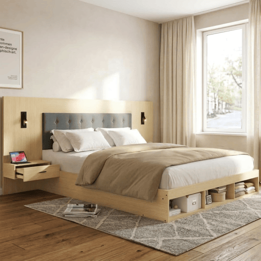 Cama de casal 160x200 cm - com arrumação, em madeira, estilo juvenil, USB e Type-C, candeeiro de leitura, 2 mesas de cabeceira - Carvalho claro