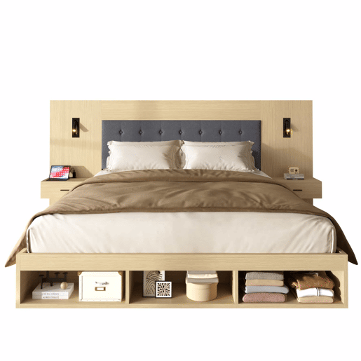 Cama de casal 160x200 cm - com arrumação, em madeira, estilo juvenil, USB e Type-C, candeeiro de leitura, 2 mesas de cabeceira - Carvalho claro