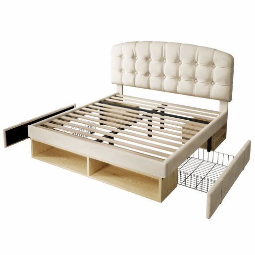 Cama de casal 140x200 - Estofada com cabeceira ajustável e gavetas - Bege