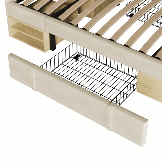 Cama de casal 140x200 - Estofada com cabeceira ajustável e gavetas - Bege
