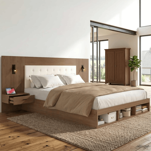 Cama de casal 180x200 cm - com arrumação, em madeira, estilo juvenil, com USB e Type-C, candeeiro de leitura, 2 mesas de cabeceira - Nogueira
