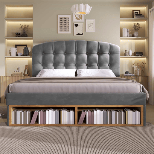 Cama de casal 140x190 - estofada em veludo, cabeceira ajustável, com gavetas e espaço de arrumação - cinzenta