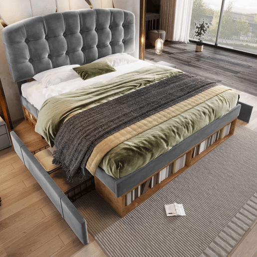Cama de casal 140x190 - estofada em veludo, cabeceira ajustável, com gavetas e espaço de arrumação - cinzenta