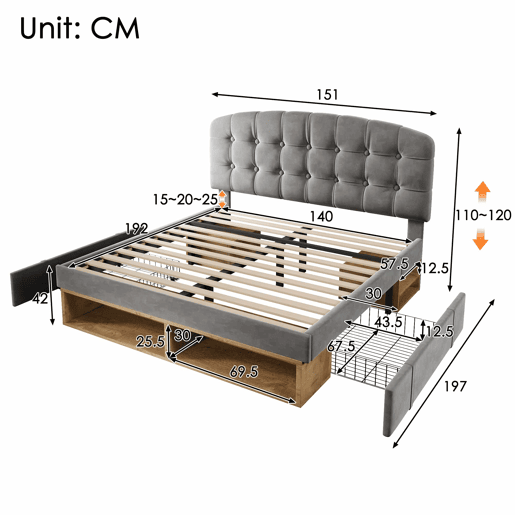Cama de casal 140x190 - estofada em veludo, cabeceira ajustável, com gavetas e espaço de arrumação - cinzenta