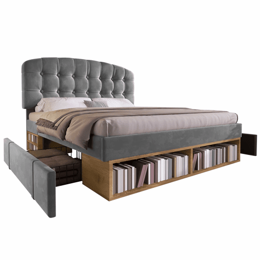 Cama de casal 140x190 - estofada em veludo, cabeceira ajustável, com gavetas e espaço de arrumação - cinzenta
