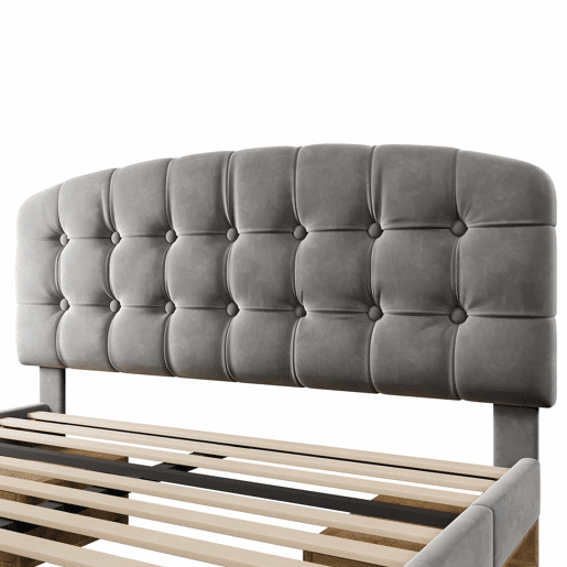 Cama de casal 140x190 - estofada em veludo, cabeceira ajustável, com gavetas e espaço de arrumação - cinzenta