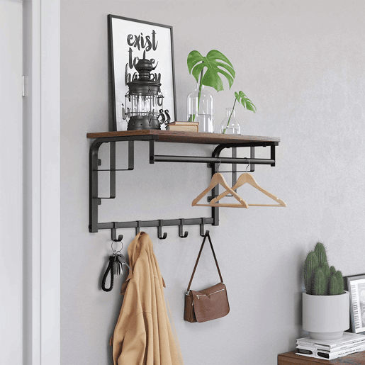 SUPORTE DE PAREDE com cabides 66cm, castanhopreto