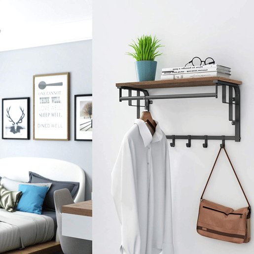 SUPORTE DE PAREDE com cabides 66cm, castanhopreto