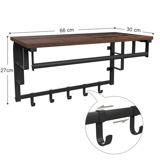 SUPORTE DE PAREDE com cabides 66cm, castanhopreto