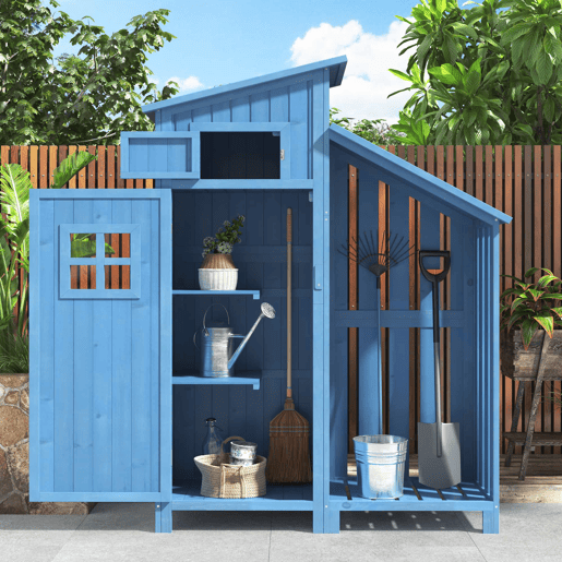 Casinha de jardim 124x46x174 cm - Armário de jardim, madeira, para espaços pequenos - Azul