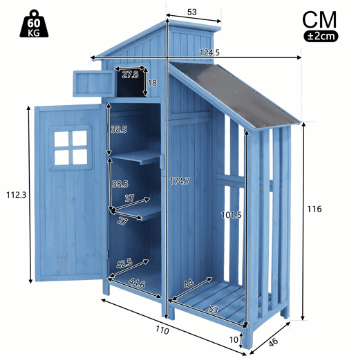 Casinha de jardim 124x46x174 cm - Armário de jardim, madeira, para espaços pequenos - Azul