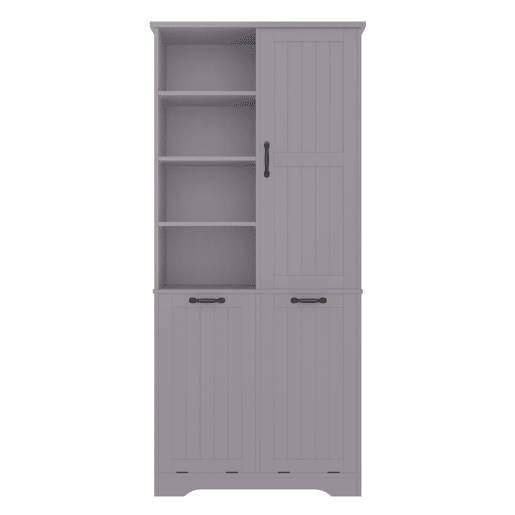 Móvel de casa de banho 78x35x172 cm - Cesto duplo para roupa, 4 compartimentos abertos, prateleiras ajustáveis - Cinza Móvel de casa de banho 78x35x172 cm - Cesto duplo para roupa, 4 compartimentos abertos, prateleiras ajustáveis - Cinza