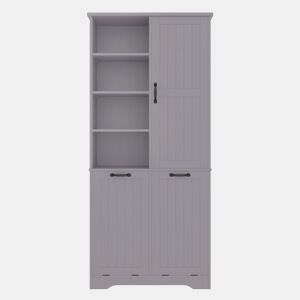 Móvel de casa de banho 78x35x172 cm - Cesto duplo para roupa, 4 compartimentos abertos, prateleiras ajustáveis - Cinza