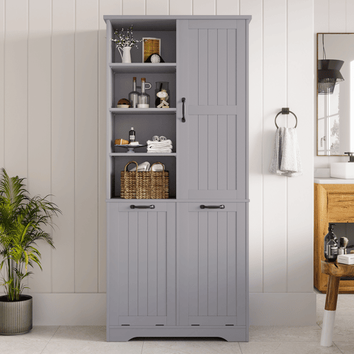 Móvel de casa de banho 78x35x172 cm - Cesto duplo para roupa, 4 compartimentos abertos, prateleiras ajustáveis - Cinza Móvel de casa de banho 78x35x172 cm - Cesto duplo para roupa, 4 compartimentos abertos, prateleiras ajustáveis - Cinza