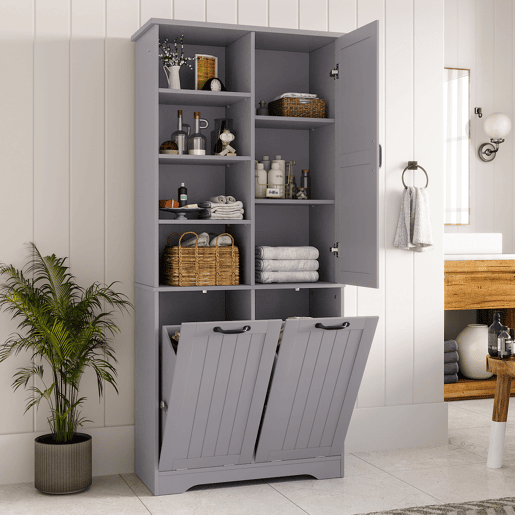Móvel de casa de banho 78x35x172 cm - Cesto duplo para roupa, 4 compartimentos abertos, prateleiras ajustáveis - Cinza Móvel de casa de banho 78x35x172 cm - Cesto duplo para roupa, 4 compartimentos abertos, prateleiras ajustáveis - Cinza